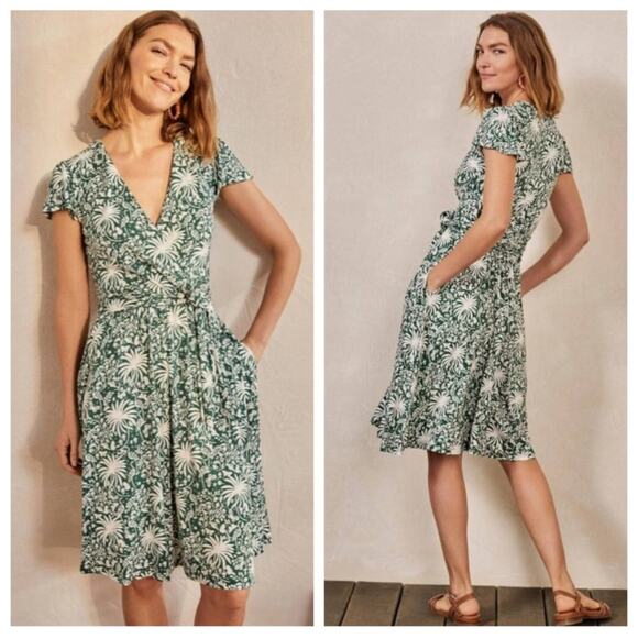 Boden Evangeline Jersey Dress Faux Wrap Tropical Charm Green White Size 16 / 18R - Picture 1 of 11